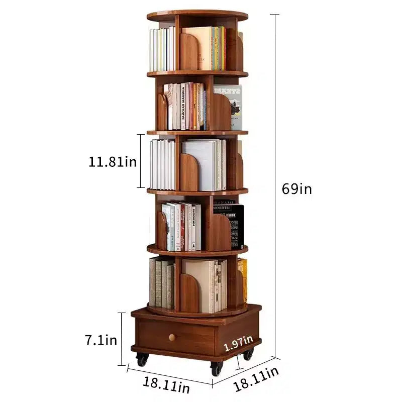 Étagère à livres rotative Homy Casa avec rangement inférieur et roulettes verrouillables, Noyer