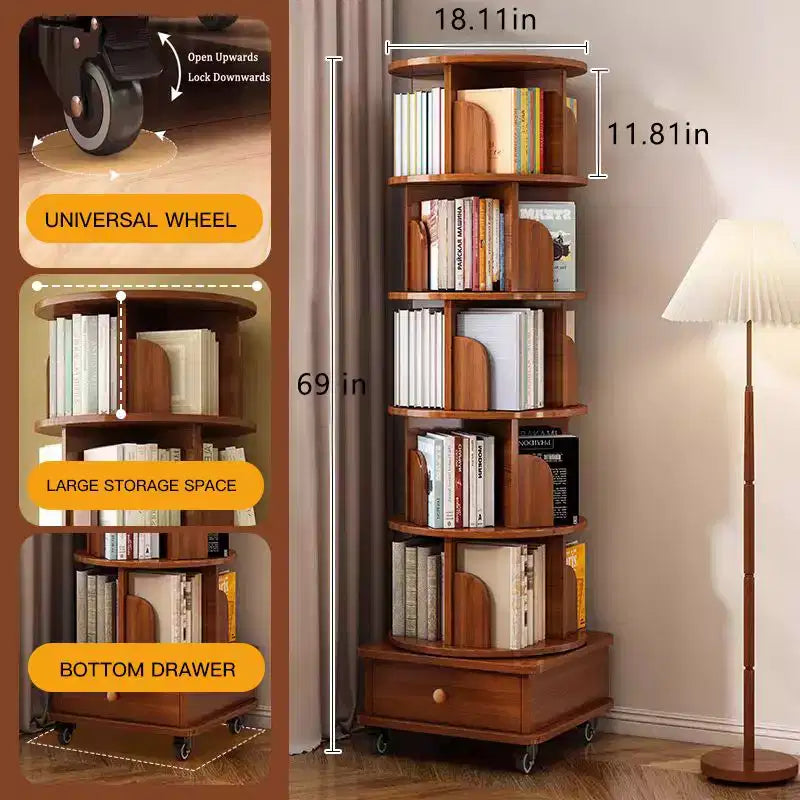 Étagère à livres rotative Homy Casa avec rangement inférieur et roulettes verrouillables, Noyer