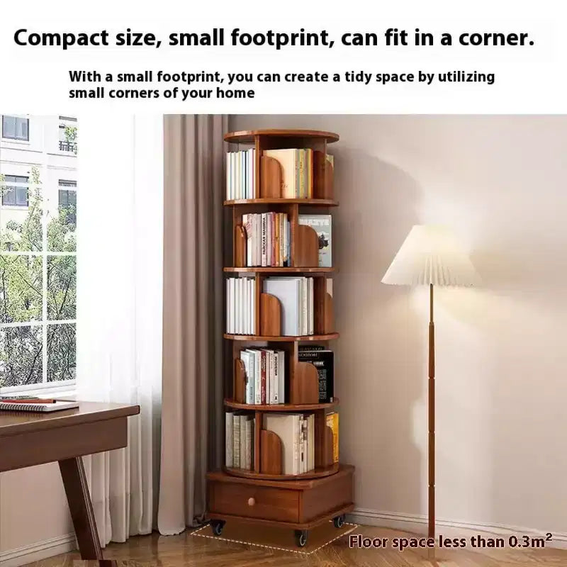 Étagère à livres rotative Homy Casa avec rangement inférieur et roulettes verrouillables, Noyer