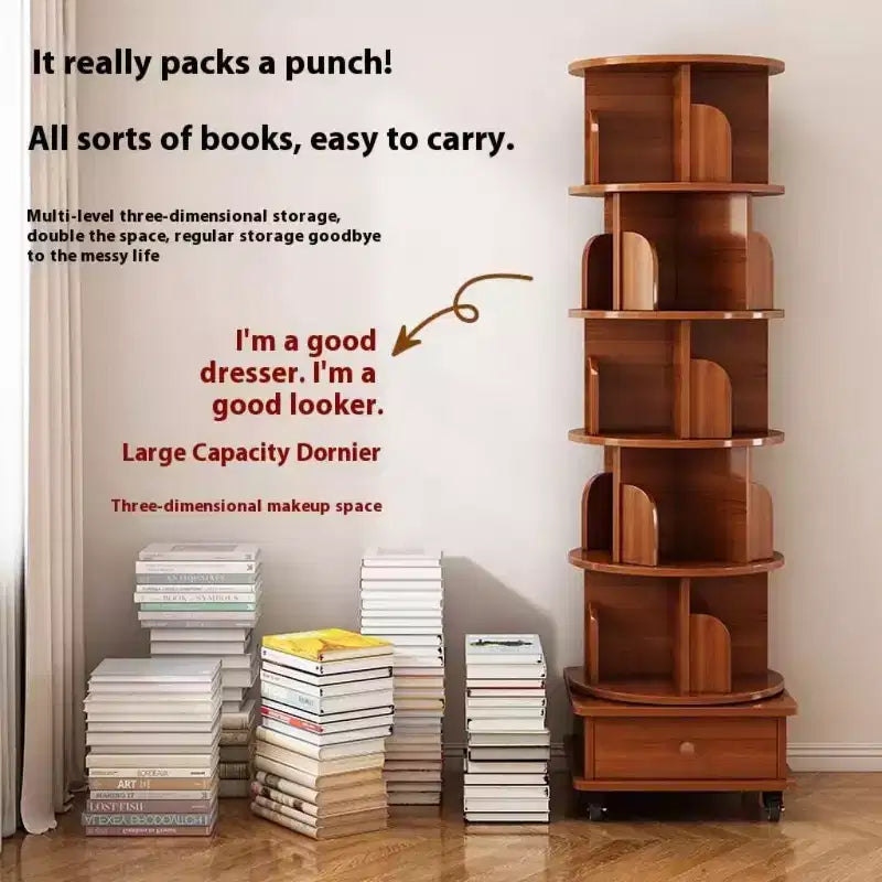 Étagère à livres rotative Homy Casa avec rangement inférieur et roulettes verrouillables, Noyer