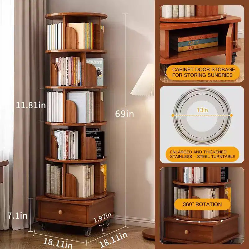Étagère à livres rotative Homy Casa avec rangement inférieur et roulettes verrouillables, Noyer