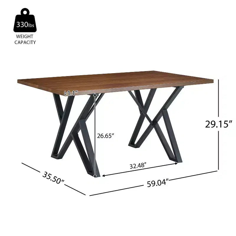 Table de salle à manger rectangulaire moderne Okak 59IN, Table à manger avec pieds en métal élégants, Table de cuisine pour salon, salle à manger, cuisine, Noyer+noir