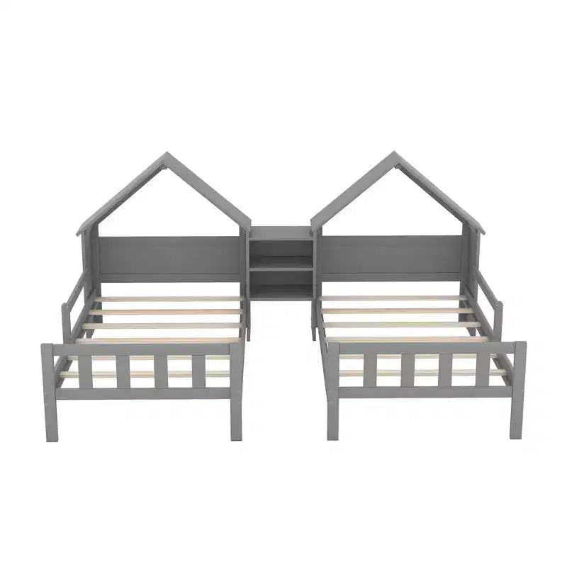Twin Size Platform Bed for 2 Kids with House-Shaped Headboard and Storage Shelves, Twin Size Platform Bed Wood Frame with Nightstand