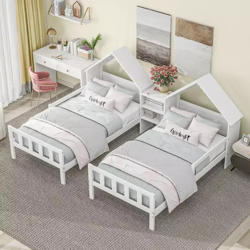 Twin Size Platform Bed for 2 Kids with House-Shaped Headboard and Storage Shelves, Twin Size Platform Bed Wood Frame with Nightstand