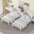 Twin Size Platform Bed for 2 Kids with House-Shaped Headboard and Storage Shelves, Twin Size Platform Bed Wood Frame with Nightstand