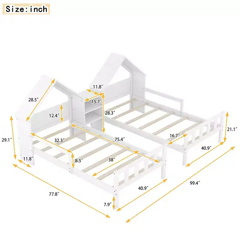 Twin Size Platform Bed for 2 Kids with House-Shaped Headboard and Storage Shelves, Twin Size Platform Bed Wood Frame with Nightstand
