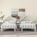 Twin Size Platform Bed for 2 Kids with House-Shaped Headboard and Storage Shelves, Twin Size Platform Bed Wood Frame with Nightstand