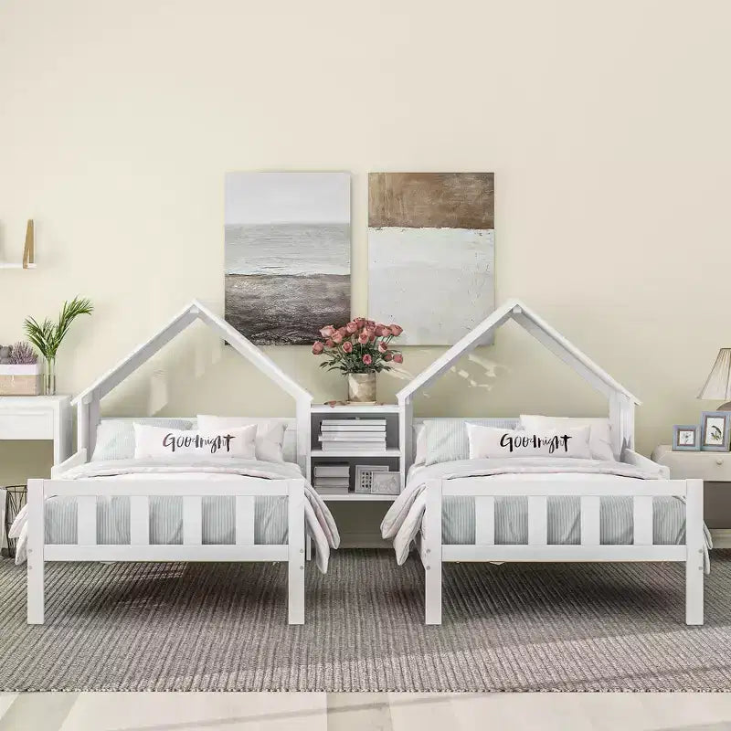 Twin Size Platform Bed for 2 Kids with House-Shaped Headboard and Storage Shelves, Twin Size Platform Bed Wood Frame with Nightstand