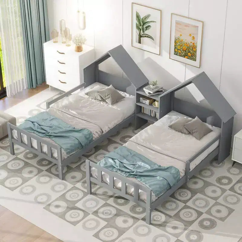 Twin Size Platform Bed for 2 Kids with House-Shaped Headboard and Storage Shelves, Twin Size Platform Bed Wood Frame with Nightstand