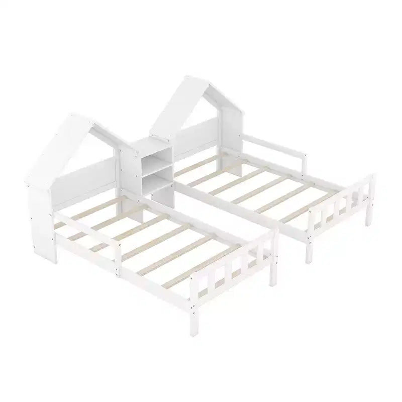 Twin Size Platform Bed for 2 Kids with House-Shaped Headboard and Storage Shelves, Twin Size Platform Bed Wood Frame with Nightstand