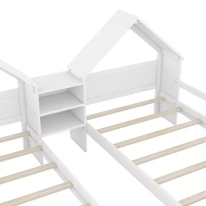 Twin Size Platform Bed for 2 Kids with House-Shaped Headboard and Storage Shelves, Twin Size Platform Bed Wood Frame with Nightstand