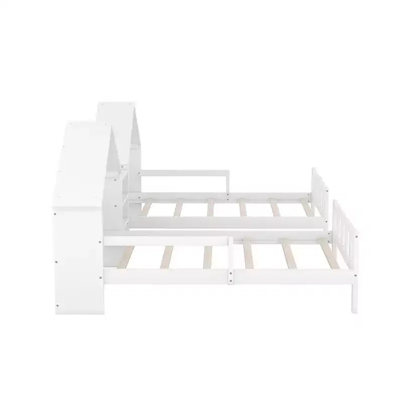Twin Size Platform Bed for 2 Kids with House-Shaped Headboard and Storage Shelves, Twin Size Platform Bed Wood Frame with Nightstand