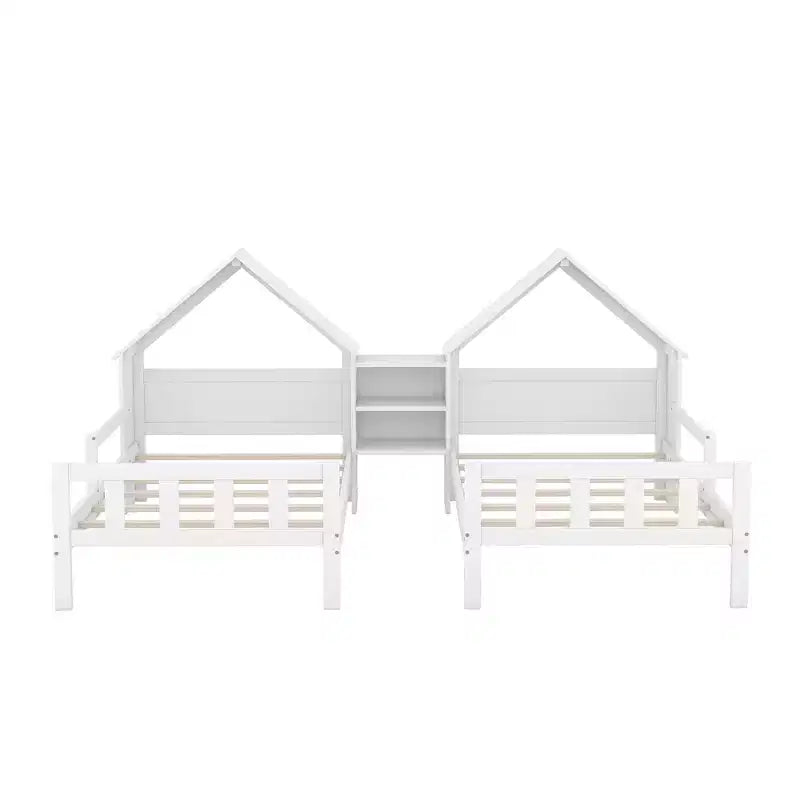 Twin Size Platform Bed for 2 Kids with House-Shaped Headboard and Storage Shelves, Twin Size Platform Bed Wood Frame with Nightstand