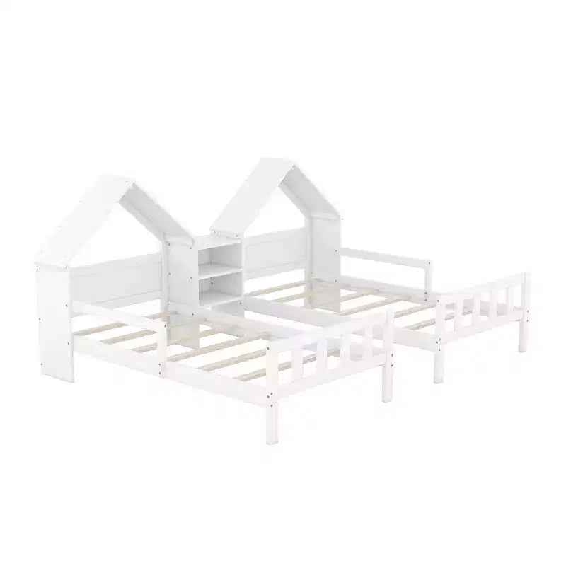 Twin Size Platform Bed for 2 Kids with House-Shaped Headboard and Storage Shelves, Twin Size Platform Bed Wood Frame with Nightstand