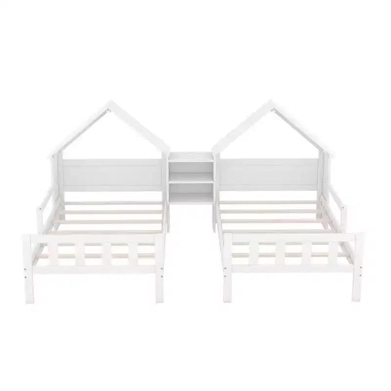 Twin Size Platform Bed for 2 Kids with House-Shaped Headboard and Storage Shelves, Twin Size Platform Bed Wood Frame with Nightstand