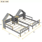 Twin Size Platform Bed for 2 Kids with House-Shaped Headboard and Storage Shelves, Twin Size Platform Bed Wood Frame with Nightstand