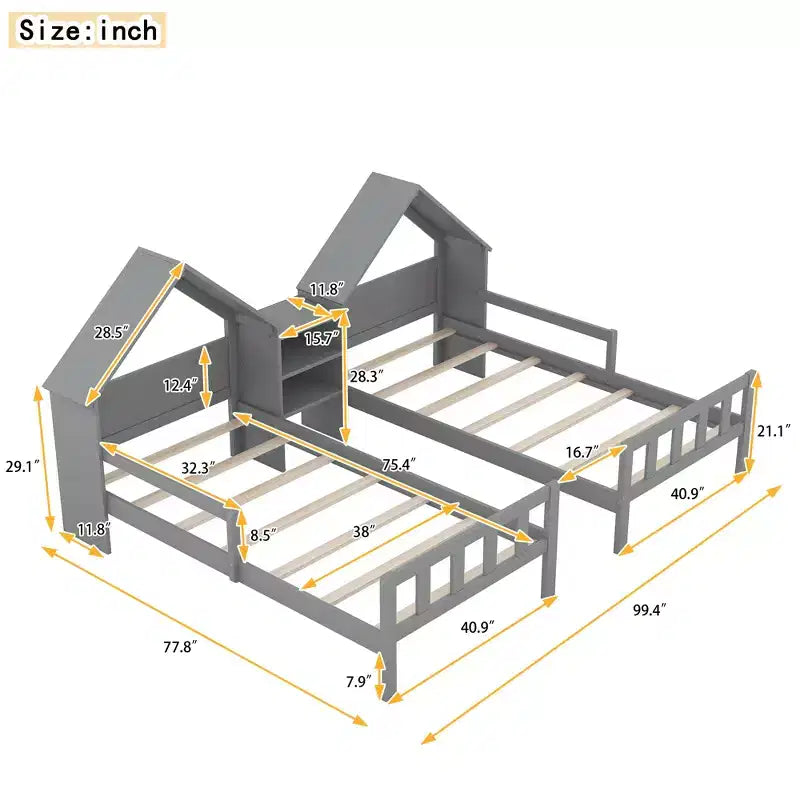 Twin Size Platform Bed for 2 Kids with House-Shaped Headboard and Storage Shelves, Twin Size Platform Bed Wood Frame with Nightstand
