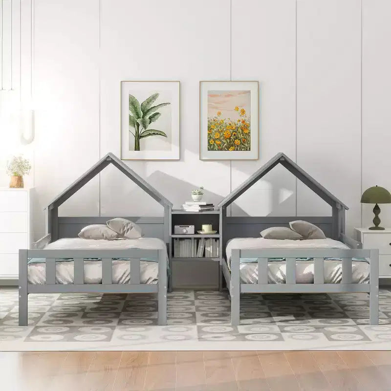 Twin Size Platform Bed for 2 Kids with House-Shaped Headboard and Storage Shelves, Twin Size Platform Bed Wood Frame with Nightstand
