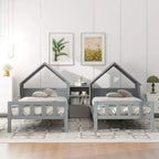 Twin Size Platform Bed for 2 Kids with House-Shaped Headboard and Storage Shelves, Twin Size Platform Bed Wood Frame with Nightstand