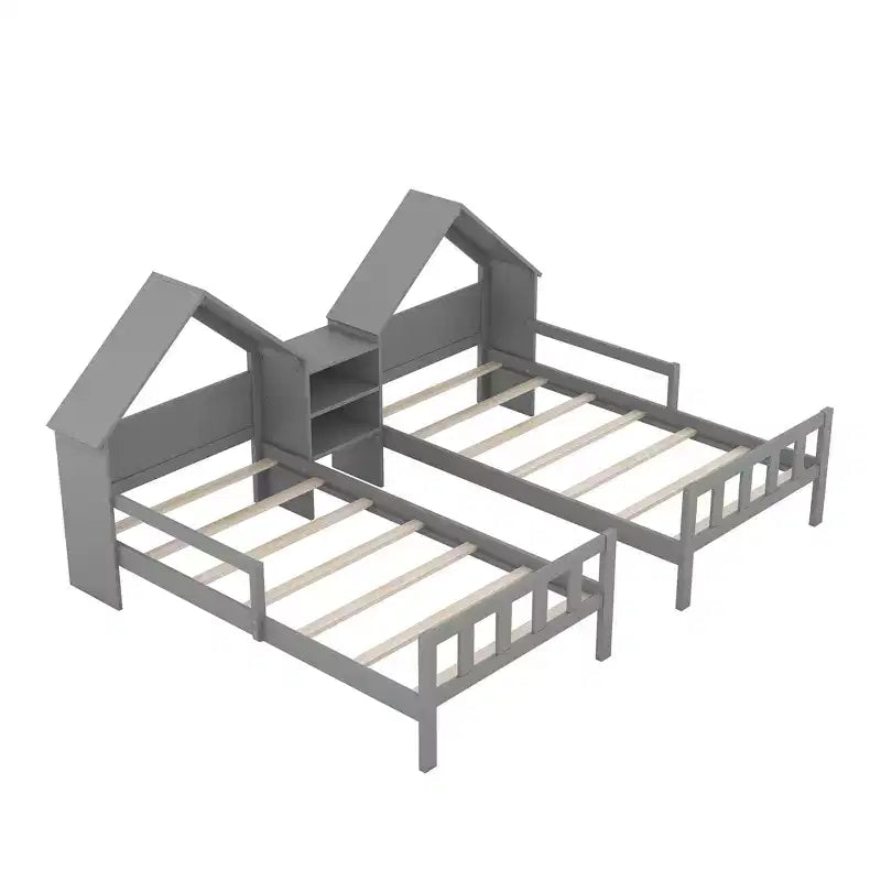 Twin Size Platform Bed for 2 Kids with House-Shaped Headboard and Storage Shelves, Twin Size Platform Bed Wood Frame with Nightstand