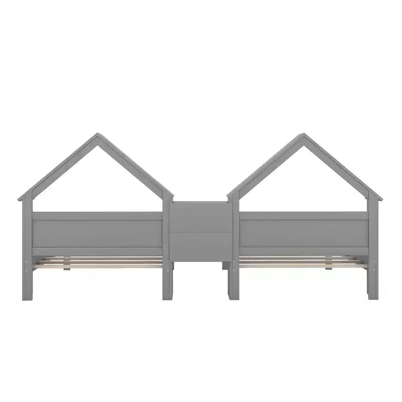 Twin Size Platform Bed for 2 Kids with House-Shaped Headboard and Storage Shelves, Twin Size Platform Bed Wood Frame with Nightstand