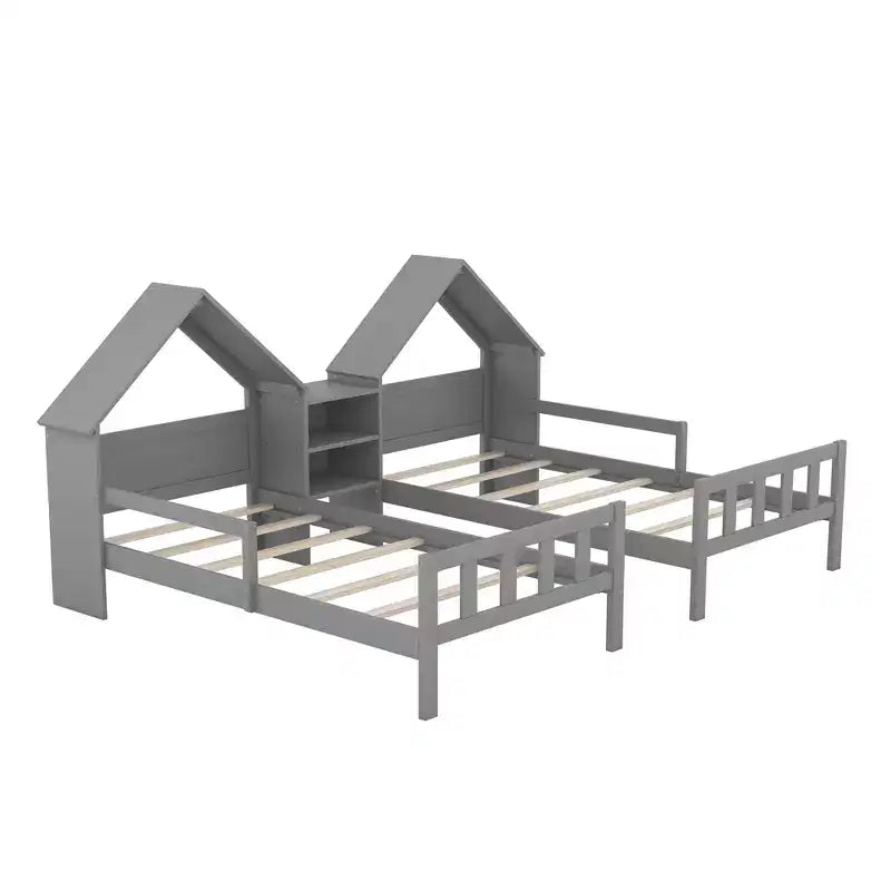 Twin Size Platform Bed for 2 Kids with House-Shaped Headboard and Storage Shelves, Twin Size Platform Bed Wood Frame with Nightstand