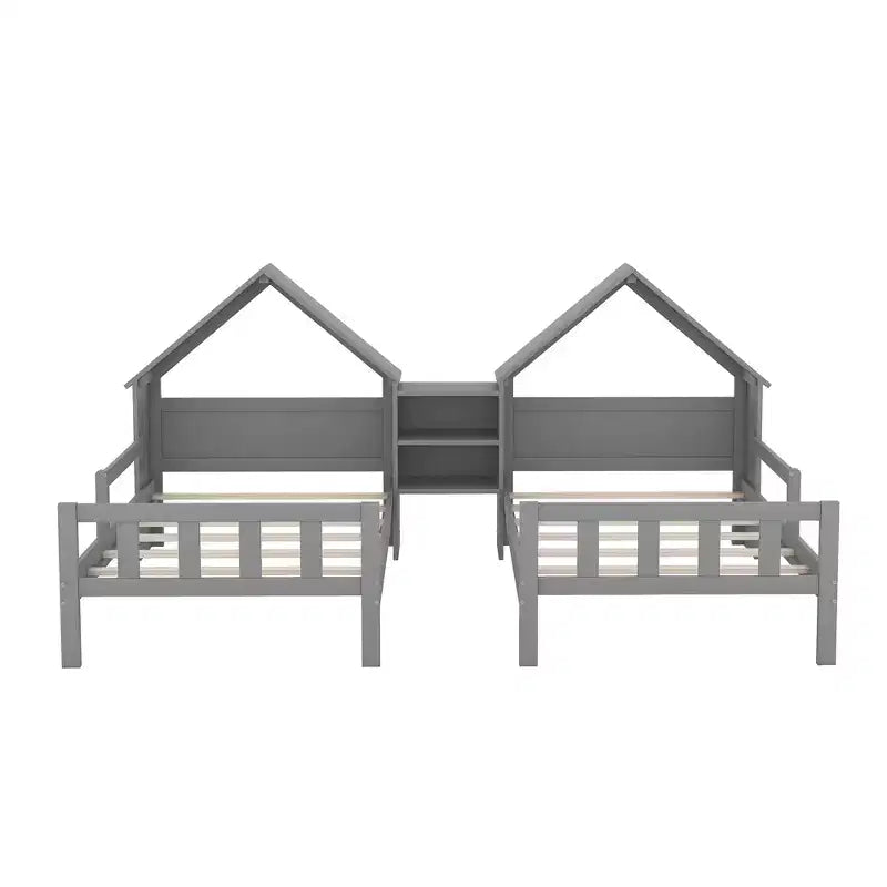 Twin Size Platform Bed for 2 Kids with House-Shaped Headboard and Storage Shelves, Twin Size Platform Bed Wood Frame with Nightstand