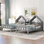 Twin Size Platform Bed for 2 Kids with House-Shaped Headboard and Storage Shelves, Twin Size Platform Bed Wood Frame with Nightstand