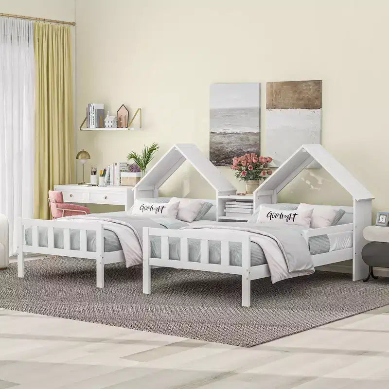 Twin Size Platform Bed for 2 Kids with House-Shaped Headboard and Storage Shelves, Twin Size Platform Bed Wood Frame with Nightstand