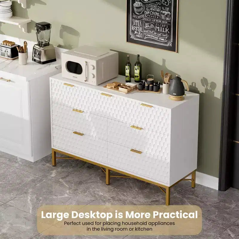 Commode moderne à 7 tiroirs pour chambre à coucher, armoire, tiroirs profonds, plateau large, longue commode en bois pour salon, couloir, blanc
