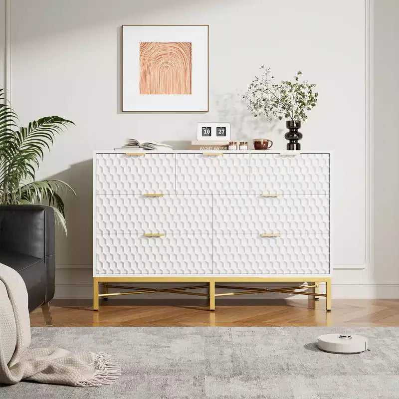 Commode moderne à 7 tiroirs pour chambre à coucher, armoire, tiroirs profonds, plateau large, longue commode en bois pour salon, couloir, blanc