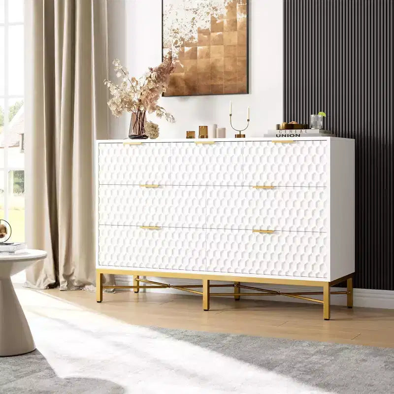 Commode moderne à 7 tiroirs pour chambre à coucher, armoire, tiroirs profonds, plateau large, longue commode en bois pour salon, couloir, blanc