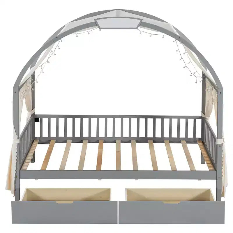Arched Twin Size House Bed with 2 Storage Drawers, Canopy Bed Frame with Lights Strip, Wood Montessori Floor Bed for Kids