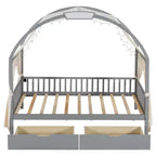 Arched Twin Size House Bed with 2 Storage Drawers, Canopy Bed Frame with Lights Strip, Wood Montessori Floor Bed for Kids