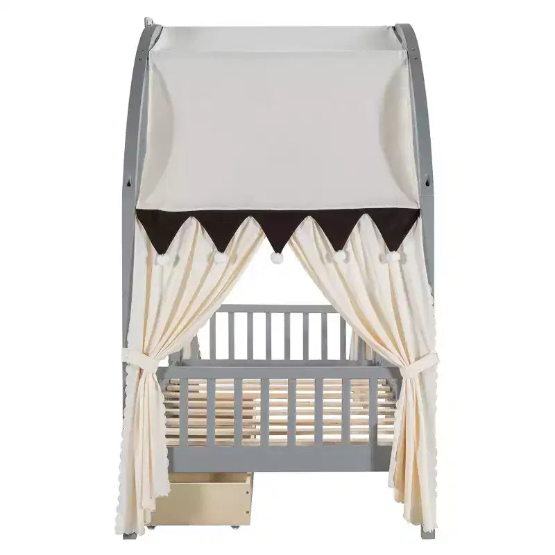 Arched Twin Size House Bed with 2 Storage Drawers, Canopy Bed Frame with Lights Strip, Wood Montessori Floor Bed for Kids