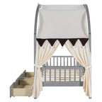 Arched Twin Size House Bed with 2 Storage Drawers, Canopy Bed Frame with Lights Strip, Wood Montessori Floor Bed for Kids