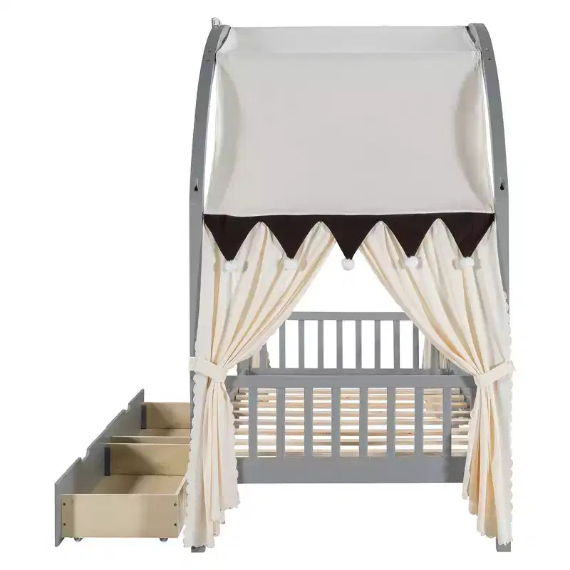 Arched Twin Size House Bed with 2 Storage Drawers, Canopy Bed Frame with Lights Strip, Wood Montessori Floor Bed for Kids