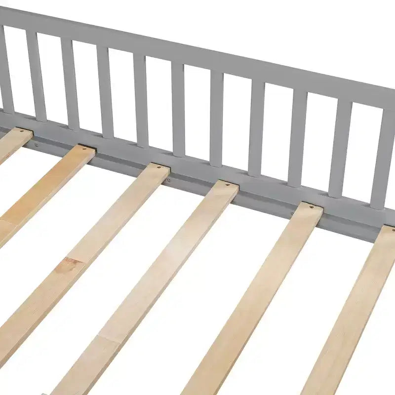 Arched Twin Size House Bed with 2 Storage Drawers, Canopy Bed Frame with Lights Strip, Wood Montessori Floor Bed for Kids