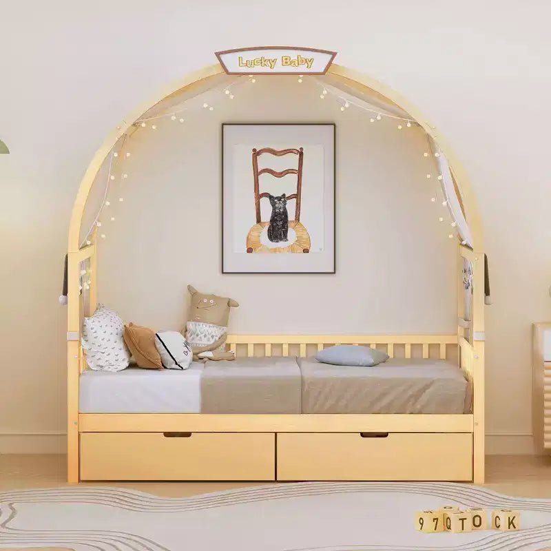 Arched Twin Size House Bed with 2 Storage Drawers, Canopy Bed Frame with Lights Strip, Wood Montessori Floor Bed for Kids