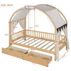 Arched Twin Size House Bed with 2 Storage Drawers, Canopy Bed Frame with Lights Strip, Wood Montessori Floor Bed for Kids
