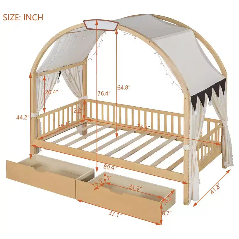 Arched Twin Size House Bed with 2 Storage Drawers, Canopy Bed Frame with Lights Strip, Wood Montessori Floor Bed for Kids