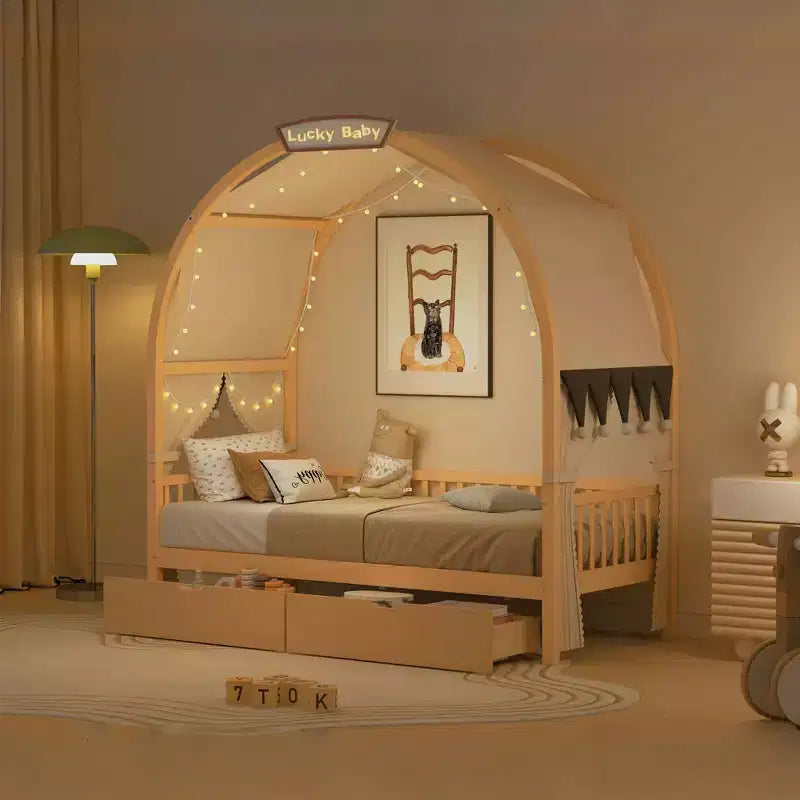 Arched Twin Size House Bed with 2 Storage Drawers, Canopy Bed Frame with Lights Strip, Wood Montessori Floor Bed for Kids