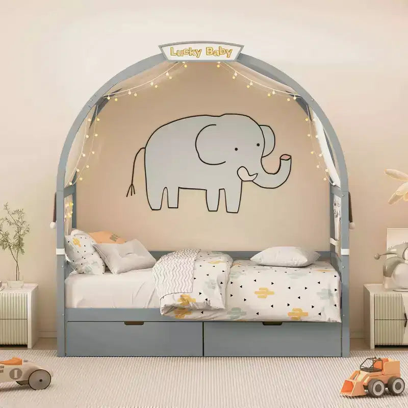 Arched Twin Size House Bed with 2 Storage Drawers, Canopy Bed Frame with Lights Strip, Wood Montessori Floor Bed for Kids