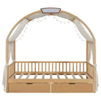 Arched Twin Size House Bed with 2 Storage Drawers, Canopy Bed Frame with Lights Strip, Wood Montessori Floor Bed for Kids