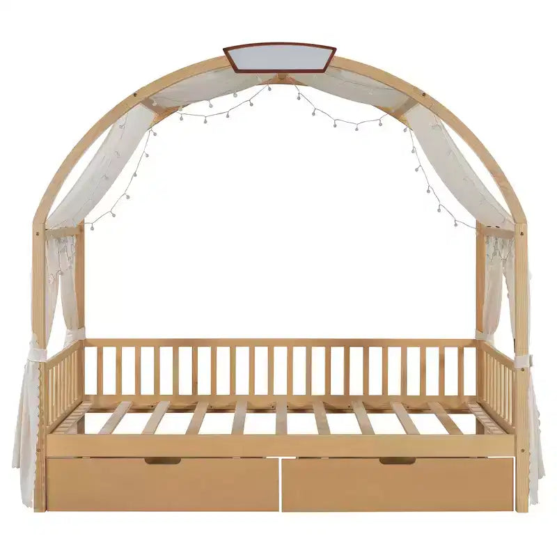 Arched Twin Size House Bed with 2 Storage Drawers, Canopy Bed Frame with Lights Strip, Wood Montessori Floor Bed for Kids