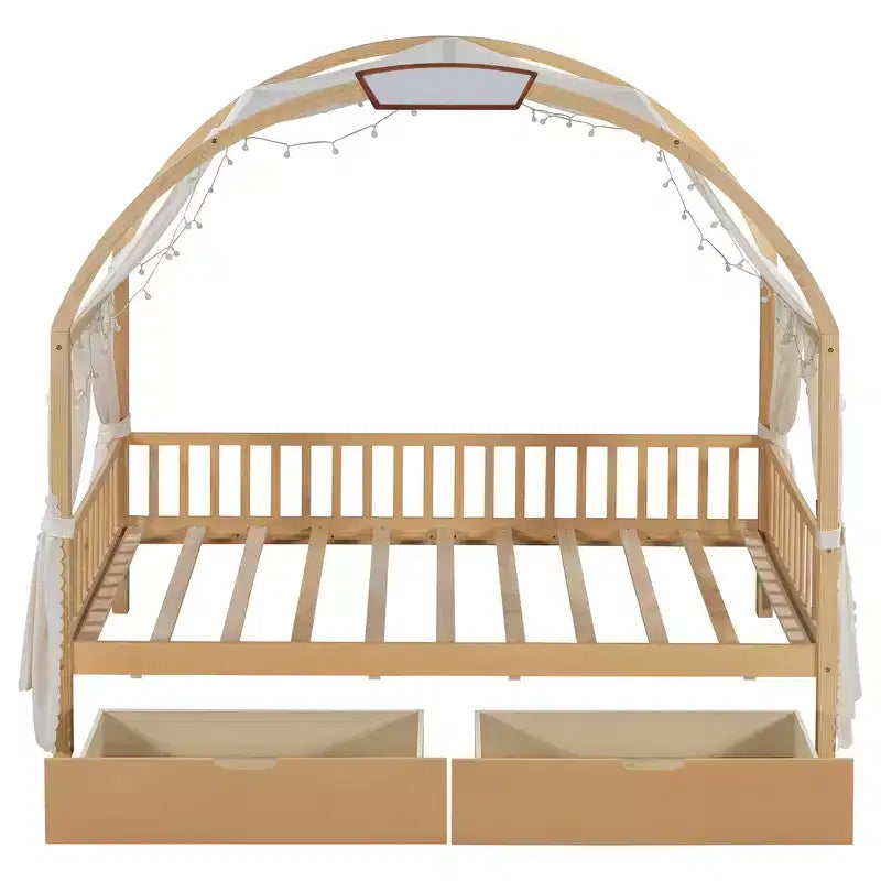 Arched Twin Size House Bed with 2 Storage Drawers, Canopy Bed Frame with Lights Strip, Wood Montessori Floor Bed for Kids