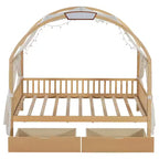 Arched Twin Size House Bed with 2 Storage Drawers, Canopy Bed Frame with Lights Strip, Wood Montessori Floor Bed for Kids