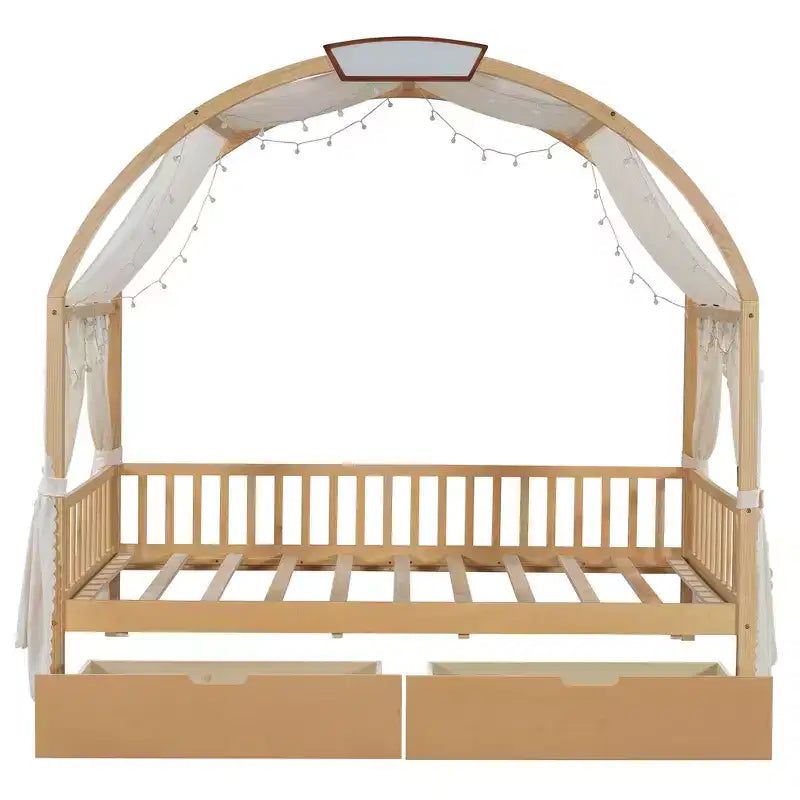 Arched Twin Size House Bed with 2 Storage Drawers, Canopy Bed Frame with Lights Strip, Wood Montessori Floor Bed for Kids