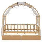 Arched Twin Size House Bed with 2 Storage Drawers, Canopy Bed Frame with Lights Strip, Wood Montessori Floor Bed for Kids