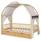 Arched Twin Size House Bed with 2 Storage Drawers, Canopy Bed Frame with Lights Strip, Wood Montessori Floor Bed for Kids